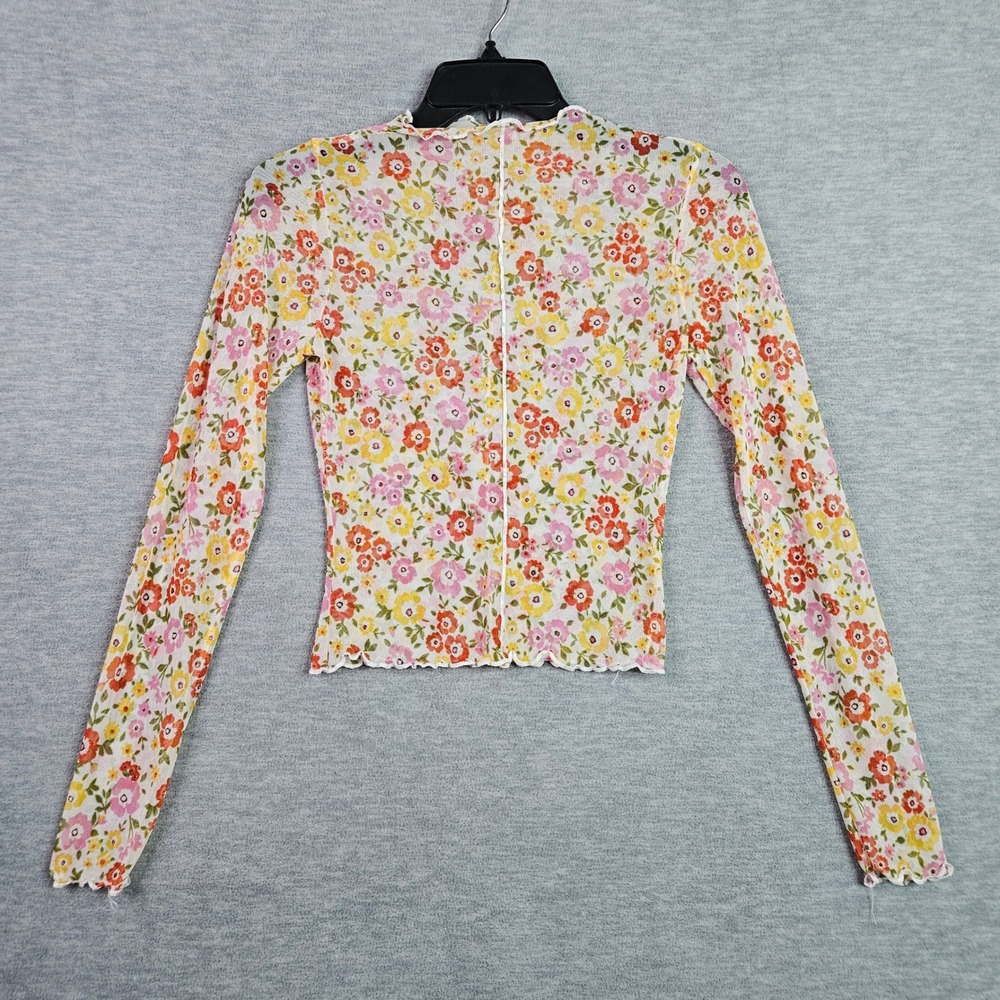 Le Lis Collection Floral Mesh Sheer Long Sleeve Lettuce Edge Top Pink Sz XS